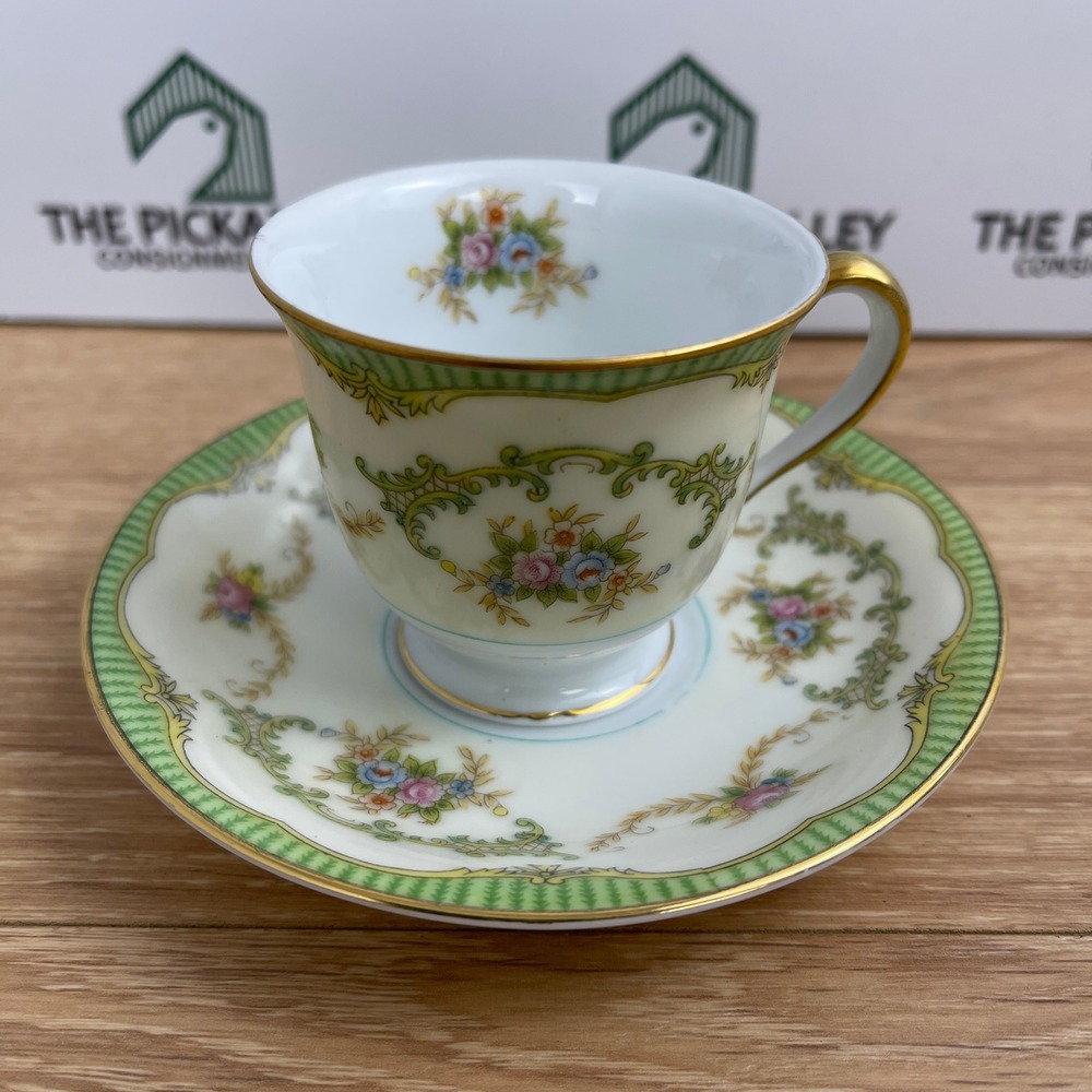 Noritake Marlene Demitasse Cup and Saucer Set Green Lattice Floral Gold Japan
